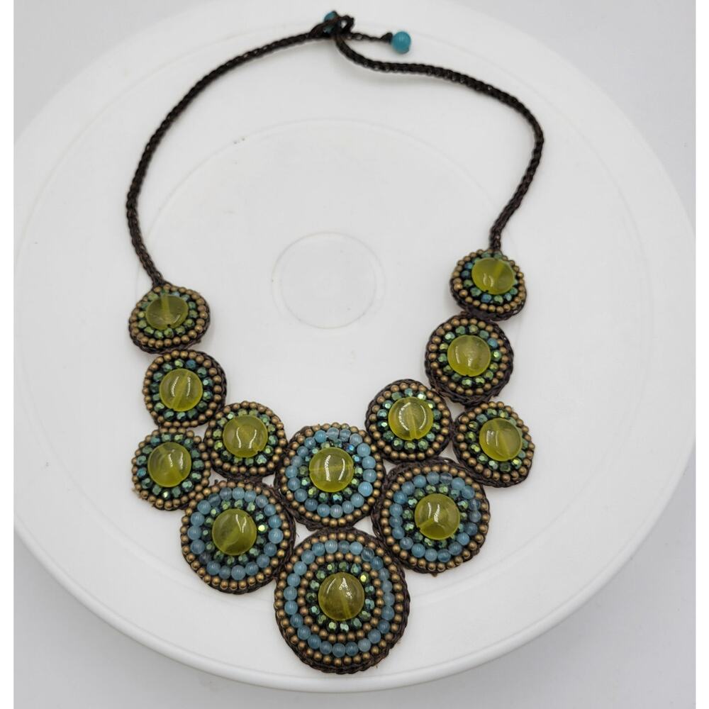 Vintage Beaded Bib Necklace 19" Rope Artisan Crochet Bohemian Statement Handmade